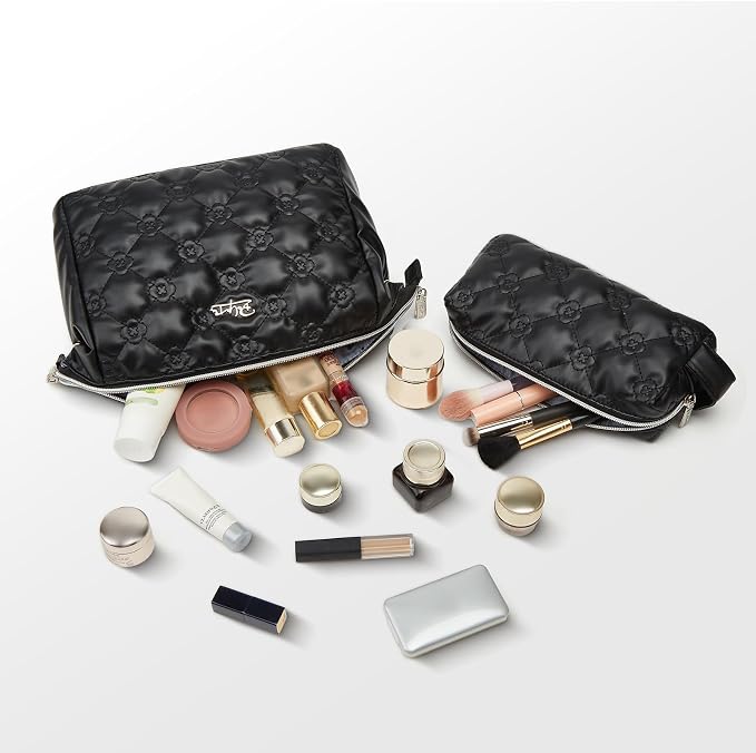 BOYATU Travel Makeup Bag Cosmetic Pouch: 2 Pcs Set Waterproof Vegan Leather Cosmetic Bags for Women - Cute Quilted Skincare Make up Toiletry Bag for Girl (02-Black) - Image 3