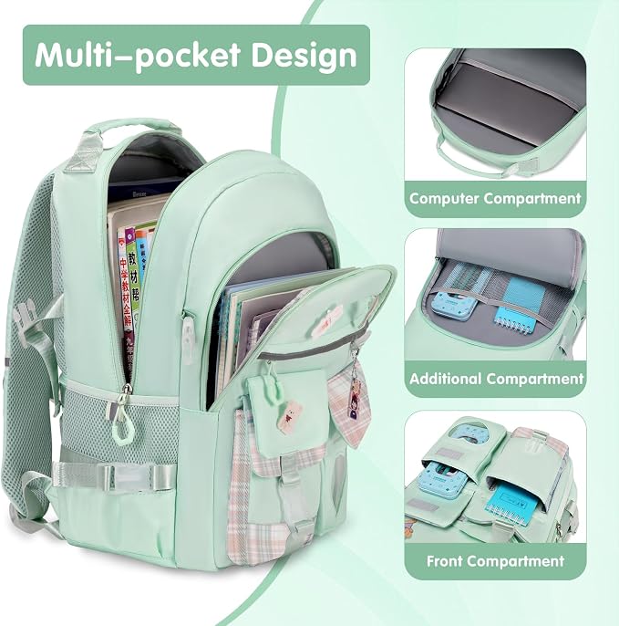 ACESAK Backpack for Girls - Bookbag Backpacks Schoolbag for Girls Kids Teen Women Casual Travel Daypacks - School Bag Elementary Middle School College Cute Backpack with Lunch Box (Green) - Image 2
