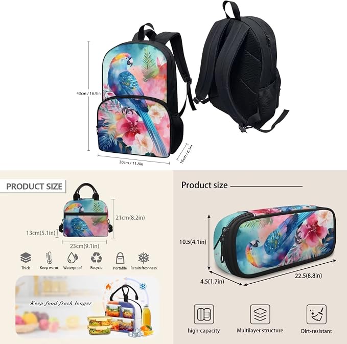 Blue Floral Bird Parrot Backpack Set for Girls Kids Lightweight Cute School Backpack with Lunch Box Pencil Case Adjustable Strap Padded Book Bag Insulated Lunch Bag - Image 4