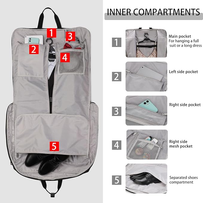 BESMART Garment Bags for Travel, 51" Large Suit Bag for Business Trips | Waterproof,Hangs 3 Suits,Foldable,Wrinkle Free Spacious Luggage Suit Cover,Adjustable Strap,Carry On Flight Approved,Black - Image 6