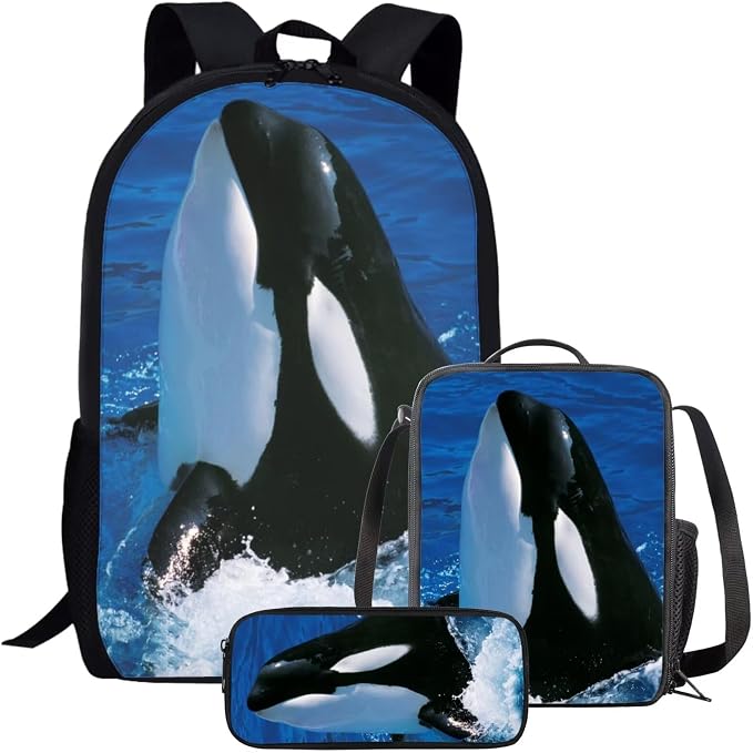 Girls Boys School Backpack with Lunch Box Pencil Case Comfy Padded Lightweight Killer Whale Backpack Set Kids Cute Bookbag Insulated Lunch Bag Student Large Capacity Daypack 17 Inch by Parprinty