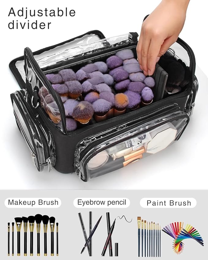 TANTO Makeup Brush Case, Clear Extra Large Cosmetic Organizer Holder Professional Makeup Artist Train Case with Adjustable Dividers&Strap Portable Makeup Brush Holder (02A-Black（XX Large）) - Image 3