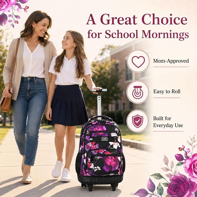 3Pcs Rolling Backpack for Girls, 19 Inche Rose Roller Bag with Wheels, Adults Wheeled Bookbag Set for Women(Black) - Image 9
