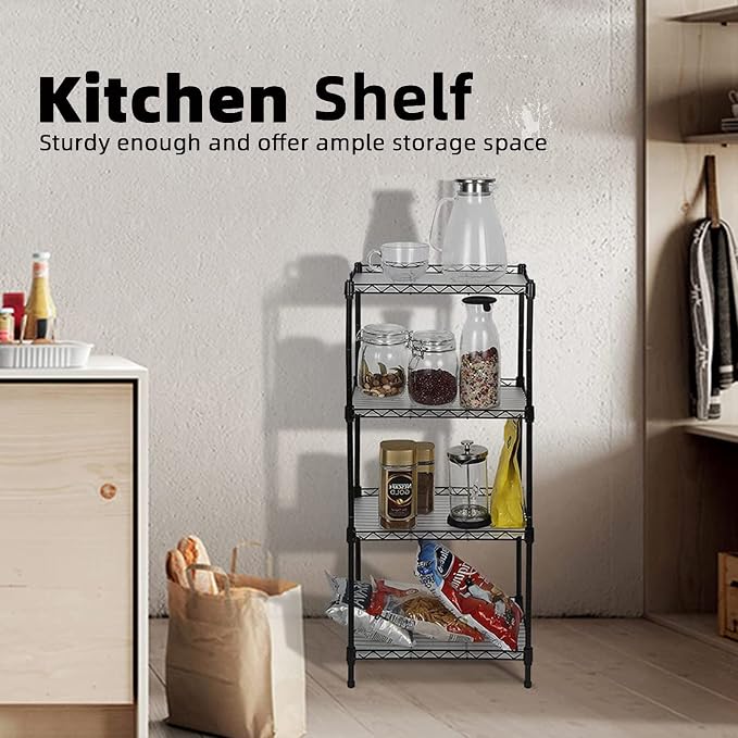 Best 4-Tier Wire Shelving - Black - Heavy Duty Shelf - Kitchen Storage Shelves, Wire Shelving Unit with Baskets Storage Rack Corner Shelf Shelving Adjustable Storage Shelf, 11.8" D x 15.7" W x 47" H - Image 5