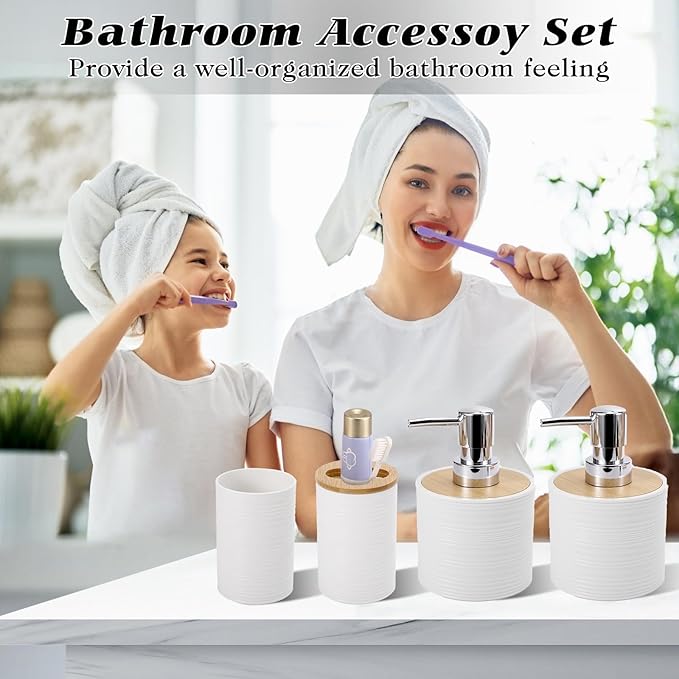 XLHOMO White Bathroom Set, White Bathroom Accessories Set with Trash Can, 2PCS Soap Dispensers, Soap Dish, Toothbrush Holder, Toothbrush Cup,Toilet Brush, Tray and Qtip Holders for Bathroom Decor - Image 2