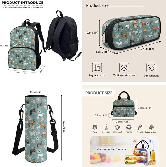 POLERO Girls Horse Backpacks Floral School Bags Set with Lunch Box Preschool Kindergarten Bookbag Set 4 Pack - Image 3