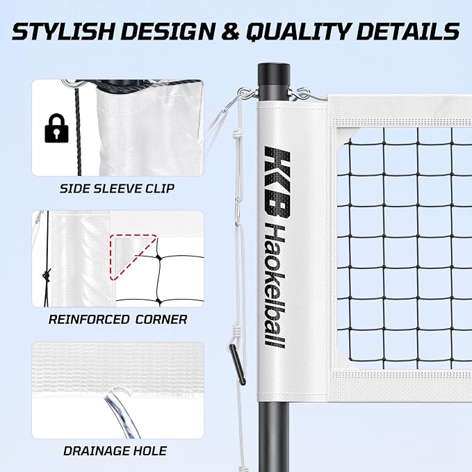 Haokelball Outdoor Volleyball Net Set for Backyard, 32FT Regulation, 3-Level Adjustable Height & Anti-Sag Tension System, Heavy Duty Thick Poles, Includes Volleyball, Pump, Boundary Line and Carry Bag - Image 5