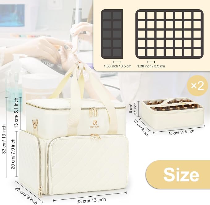 Relavel Nail Polish Organizer, Nail Bag Holds 80 to 100+ Bottles (15ml/0.5fl.oz) Nail Lamp, Nail Supplies Kit Gels Polish Storage Case with 2 Removable Pouches for Manicure Nail Tech Gifts (Beige) - Image 7