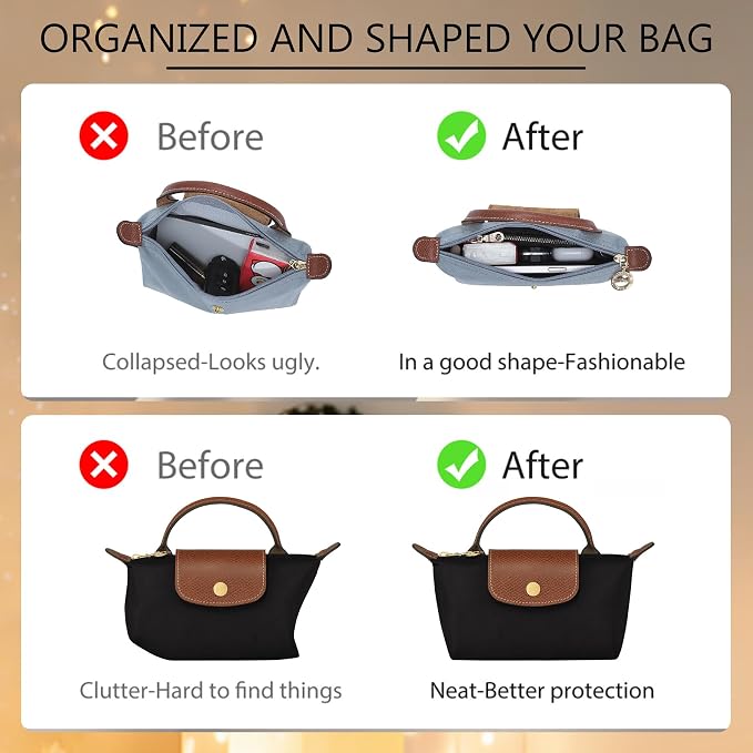 Soft Nylon Purse Organizer Insert for Longchamp Le Pliage Mini Handbag, Lightweight Luxury Long Champ Mini Handbag Storage Divider with 5 Upgraded Deepened Compartments,XS/Black - Image 4