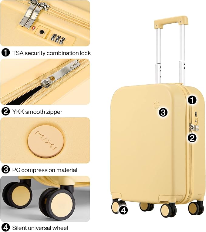 mixi Carry on Luggage, 20'' Suitcase Spinner Wheels Luggage Hardshell Lightweight Rolling Suitcases PC with Cover & TSA Lock for Business Travel, Lark Yellow - Image 4