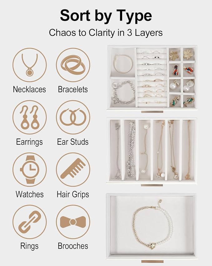 GUOER Jewelry Box for Women, Glass Lid Jewelry Organizer with 3 Drawers PU Jewelry Storage Case for Necklaces Rings Earrings Bracelets (Pink) - Image 4