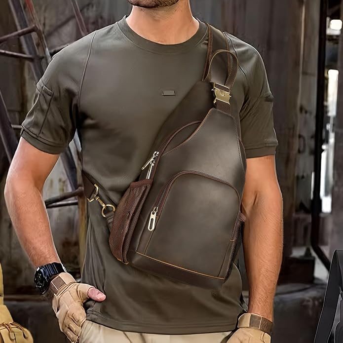 Polare Full Grain Cowhide Anti Theft Chest Shoulder Bag Vintage Sling Crossbody Casual Daypack - Image 2