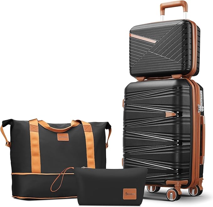 TRAVELEO 4 Piece Carry On Luggage Set 20 Inch, Expandable PP Hardshell Suitcase with Detachable Spinner Wheels & TSA Lock, Includes Cosmetic Case, Travel Tote & Toiletry Bag, Lightweight (Black) by Unknown