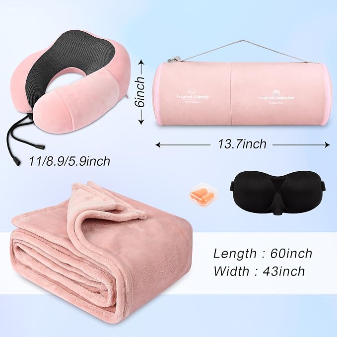 urnexttour Travel Pillow and Blanket Set Neck Pillows Travel Essentials with Sleep Mask for Airplane Car Memory Foam Pink - Image 5