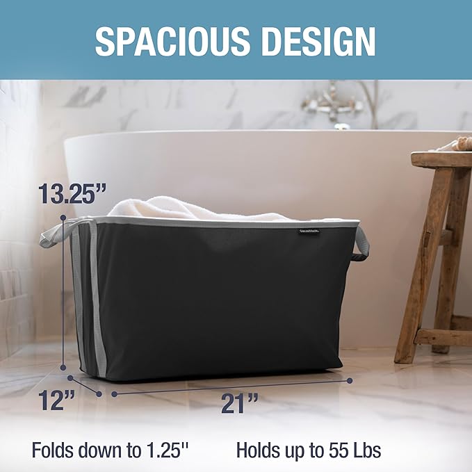 CleverMade Collapsible Laundry Basket 2 Pack – 60L (16 Gal) Foldable Clothes Hamper with Reinforced Handles, Space Saving Fabric Laundry Bin, Holds 55 lbs, Flat Folding for Home & Travel - Black - Image 3