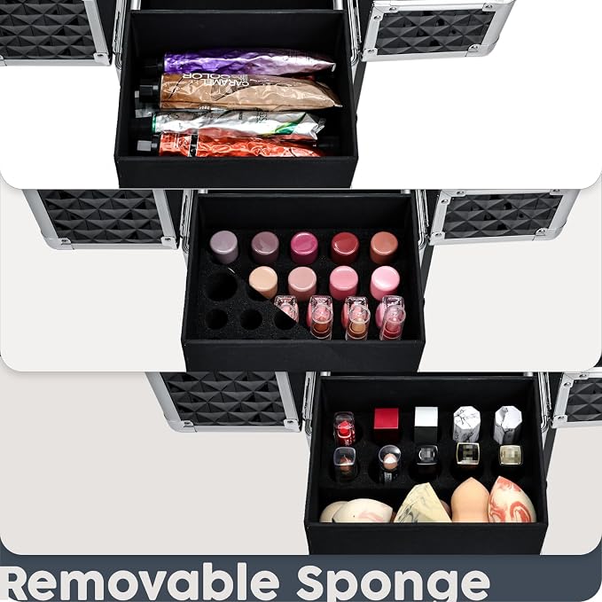 Hododou Rolling Makeup Case Cosmetic Travel Trolley Storage Sliding Drawer 4 Tray Makeup Travel Case with Wheels Salon Barber Case Traveling Cart Trunk for Cosmetologist Nail Tech Hairstylist Black - Image 4