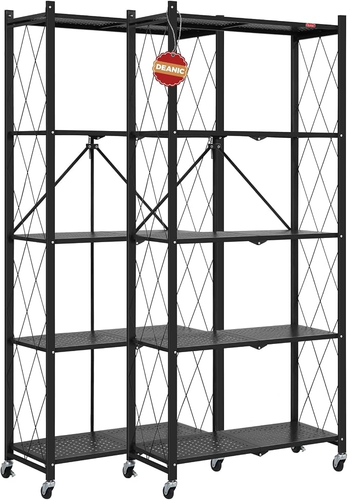 DEANIC 5 Tier Foldable Storage Shelves with Wheels, Large Capacity Shelving Unit, Freestanding Metal Wire Shelf Rack, No Assembly Organizer Rack for Garage Kitchen, Basement, Pantry,Black,2 Pack by ShowNow
