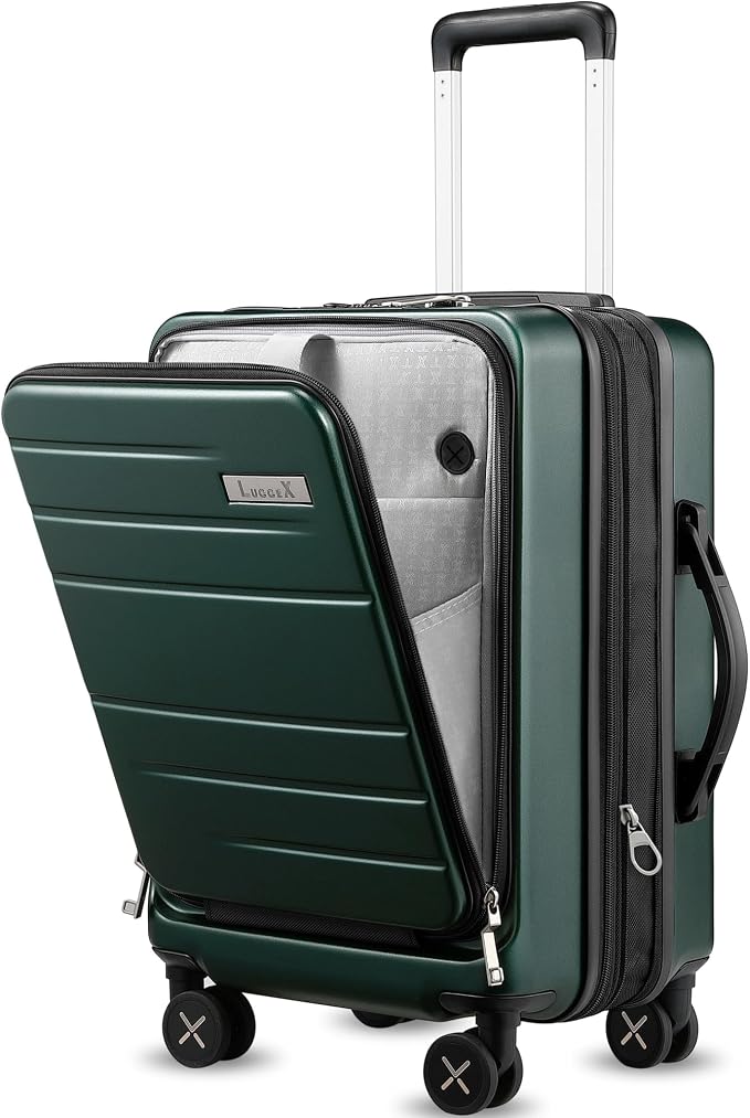 LUGGEX Carry On Luggage Front Opening 22x14x9 Airline Approved, Expandable Polycarbonate Suitcase with Front Pocket (Green, 20 Inch) by LUGGEXLUGGAGE