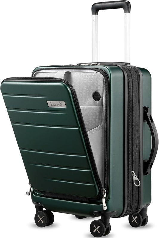 LUGGEX Carry On Luggage Front Opening 22x14x9 Airline Approved, Expandable Polycarbonate Suitcase with Front Pocket (Green, 20 Inch) by LUGGEXLUGGAGE