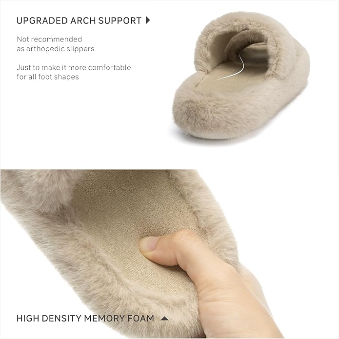 Chantomoo Women's Memory Foam Fuzzy Comfy Faux Fur House Shoes - Furry Bedroom Indoor Open Toe Slippers with Two Bands - Trendy Gift Slippers
