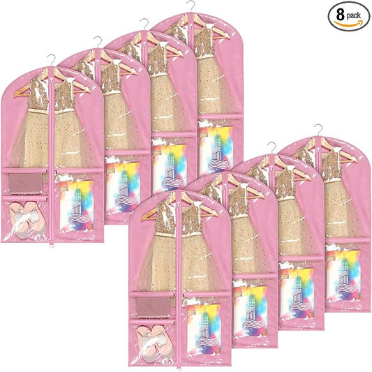 Univivi Garment Bags for Dance Costumes for Hanging Clothes, 40 Inch Breathable Dance Competition Garment Bag With 3 Medium Clear Zipper Pockets for Kids (Pink) - 8 Pack by Univivi