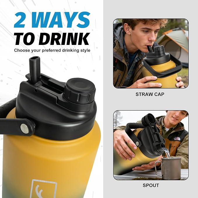 NATURE PIONEOR 1 Gallon (128oz) Insulated Water Bottle Jug with Carrier Bag | 18/8 Food-grade Stainless Steel, Double Vacuum Insulation, Wide-Mouth, Straw & Spout Lid, Strap, Camping, Hiking, Gym, Work - Image 3