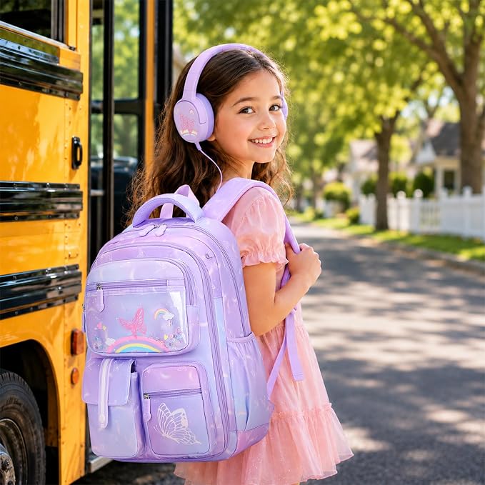 ACESAK Kids Backpack for Girls, Rainbow Backpack Set with Over-ear headphones, Lunch Bag Set for School, Girls Backpack for Elementary Middle school Teen Student(Purple) - Image 4