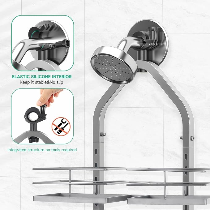 Shower Caddy Hanging for Handheld Showerheads Adjustable Hagging Shower Caddy, Stainless Steel Hose Hanging Shower Organizer 4 Levels Height Shower Rack (Sliver) - Image 2
