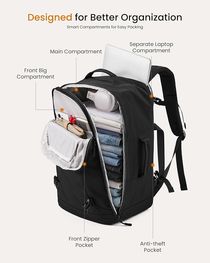 LOVEVOOK 40L Travel Backpack for Women & Men, Airline Approved Carry On Backpack with 3 Packing Cubes, TSA Personal Item Bag, Waterproof Weekender Overnight Backpack Fits 17" Laptop - Image 4