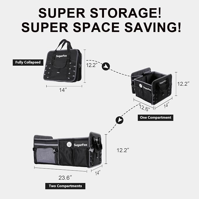 SugarFox Bold Color Block Trunk Organizer, Foldable with 26L Ice Pack,95L Dedicated Shoe Space, Stylish for SUV/Car (Black, Midsize) - Image 4