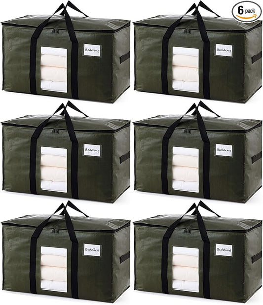 TAILI 6 Pack Green Extra Large Moving Bags, Heavy Duty Totes with Visible Window, Wrap Around Handles, Space-Saving Storage, Alternative to Moving Boxes by TAILI