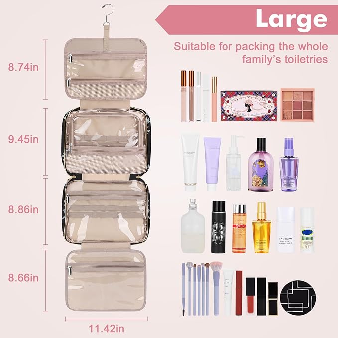Wedama Toiletry Bag for Women, Large Cosmetic Travel Bag, Hanging Toiletry Bag for Bathroom, PVC Waterproof Makeup Bag, Toiletries Bag for Travel Business Trips and Camping, Black+Pink Floral - Image 2