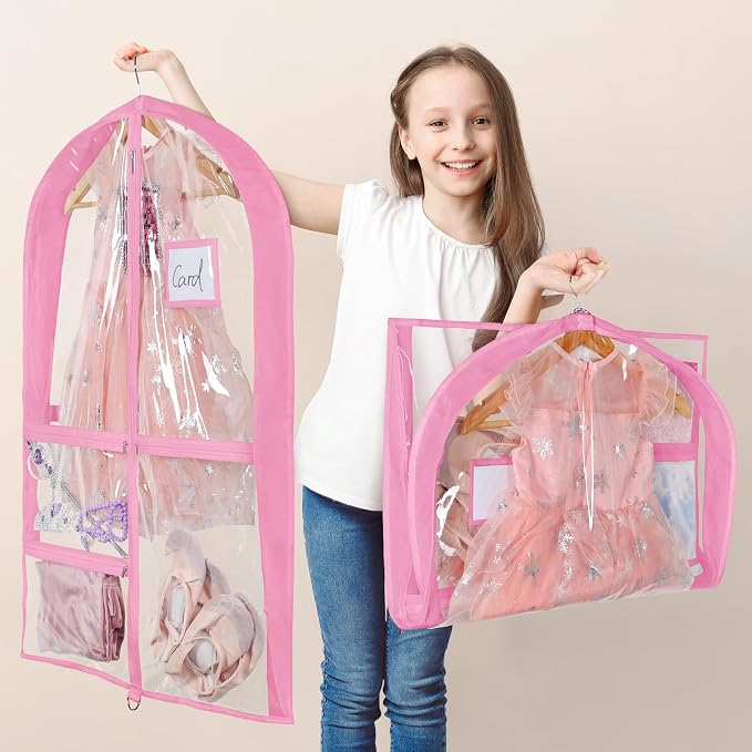 Univivi Clear PVC Dance Costume Bags, 35 Inch Garment Bag for Dance Competitions, with 3 Seperated Medium Clear Zipper Pockets and 1 Large Back Zippered Pocket (Clear/Pink) - Image 2