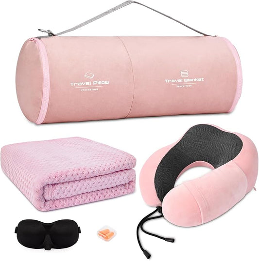 urnexttour Travel Pillow and Blanket Set Neck Pillows Soft Blankets with Sleep Mask Travel Essentials for Airplane Car Memory Foam Pink by Urnexttour