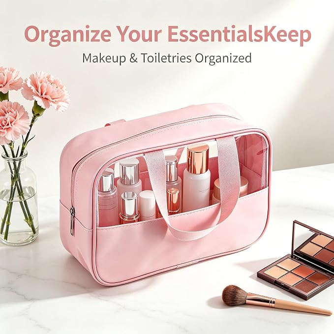 12 Pcs Pink Translucent Make up Bag, Waterproof Toiletry Bags with Handle, Portable Travel Cosmetic Organizer Pouches for Women Girls Travel Daily Use - Image 2