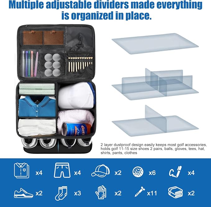 Golf Trunk Organizer for Car SUV with Shoe Compartment & Divider | 2-Layer Golf Storage Bag for Balls, Tees, Accessories | Waterproof Golf Locker Gift for Men, Dad, Golfers - Image 4