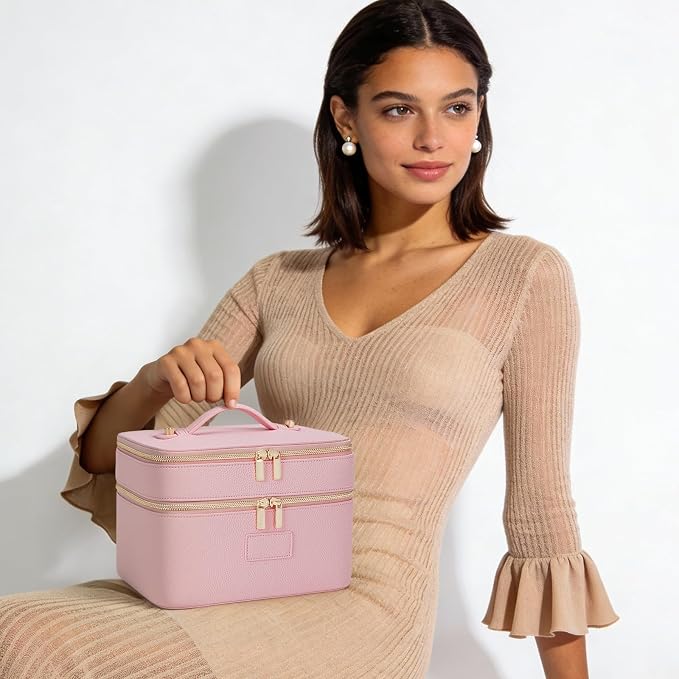 HiTotes Large Makeup Bag Duo Vanity Case for Women Leather Makeup Case Travel Toiletry Bag Portable Double Layer Cosmetic Bag - Image 6