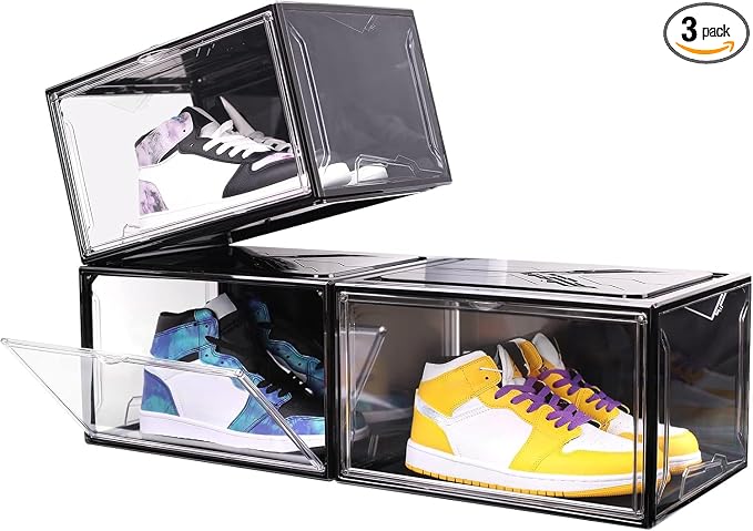 KDOR Clear Shoe Boxes Stackable, 3 Pack Shoe Storage Box with Lids Magnetic Door, Clear Sneaker Storage Acrylic Boxes for Display, Fit Shoe Size Up to US 15（Side 3 PACK BLACK） by KDOR