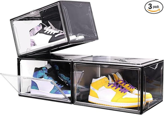 KDOR Clear Shoe Boxes Stackable, 3 Pack Shoe Storage Box with Lids Magnetic Door, Clear Sneaker Storage Acrylic Boxes for Display, Fit Shoe Size Up to US 15（Side 3 PACK BLACK） by KDOR