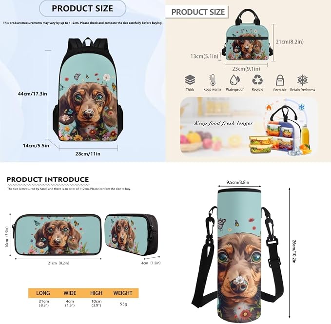 4 Pcs Backpack Set for Girls, Large Double Zipper School Bag Book Bag with Leakproof Lunch Box Pencil Bag Water Bottle Carrier for School and Daycare, Dachshund Colorful Floral - Image 7