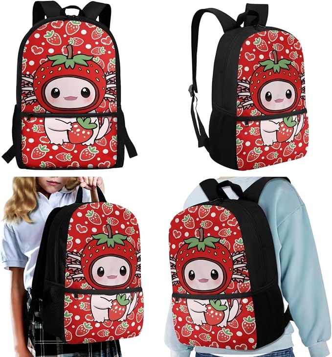 Strawberry Axolotl Backpack for Kids Girls 6-12, Cute School Bag and Lunch Box, 4 Piece Set, 17 Inch Lightweight Back to School Supplies, Reduce the Stress by 40% - Image 2