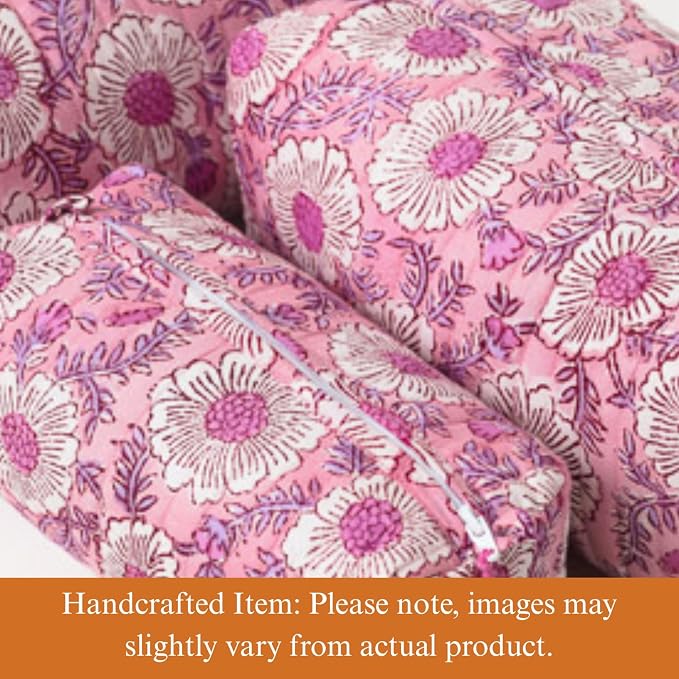 Saffron Marigold Quilted Makeup Bag Set of 3, Hand Block Printed Cotton Cosmetic Bags for Women, Waterproof Lined Travel Toiletry Bag, Coquette Floral Aesthetic, Handmade Gift, Lavendar & Rose Milk - Image 2