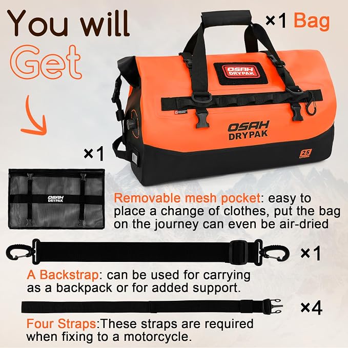 OSAH DRYPAK Waterproof Duffel Bag 25L/40L/60L – Heavy-Duty Motorcycle Tail Bag, Roll-Top Dry Bag for Travel, Camping, Boating, Kayaking, Outdoor Adventure - Image 8