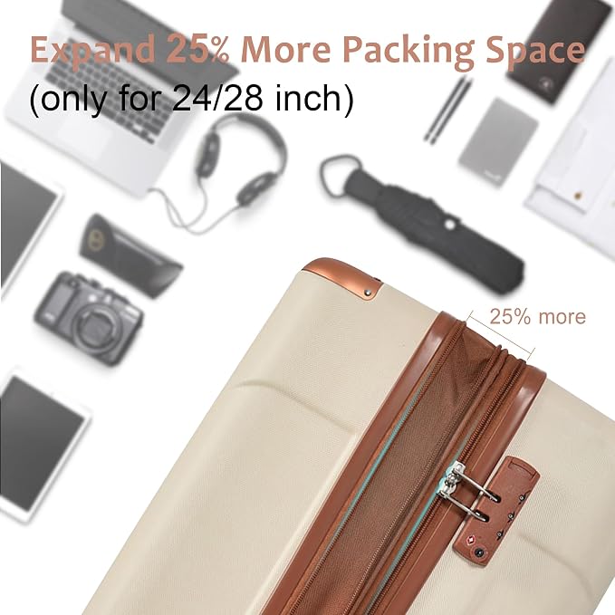 6 Piece Luggage Set Hard Shell - Brown White Expandable Suitcases with Spinner Wheels and Duffel Bags for Family Travel, Durable Carry On Luggage Sets with Lock for Women and Men - Image 6