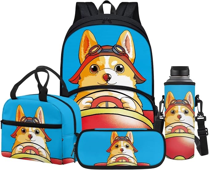 POLERO Corgi Pilot Backpack for Boys 4-6 Kids Toddler School Bookbag Set with Lunch Box Pencil Case Water Bottle Cover Bag Casual Daypack 4Pcs for First Grade by WelcometoPOLERO