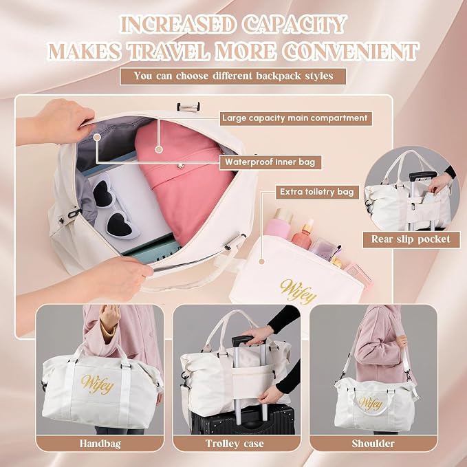 Sanwuta 4 Pcs Wifey Hubby Duffel Bag Set 2 Honeymoon Travel Bags with 2 Toiletry Pouches Weekender Gym Tote for Couple Wedding Engagement Valentines His Hers Gifts Bridal Shower Gifts - Image 5
