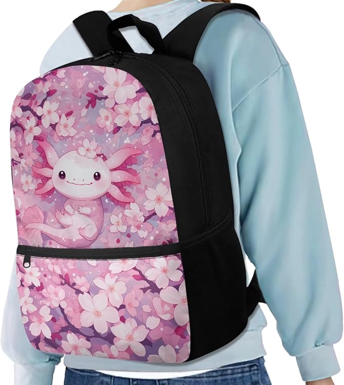 Cherry Blossom Axolotl Backpack for Girls Kids Backpack with Lunch Box Water Bottle Holder with Strap and Cute Pencil Case 4PCS Set Bookbag with Front Pocket for School 17 inch School Bag - Image 2