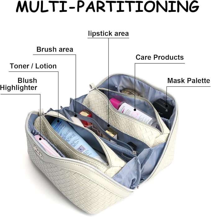 BOYATU Travel Makeup Bag Cosmetic Bags for Women: Large Capacity 3 Pcs Set Make up Bag with Compartments - Waterproof Vegan Leather Toiletry Organizer Bags with Handle (L09 Beige) - Image 8