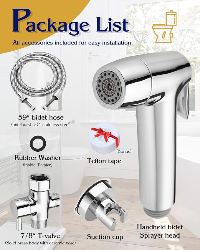 Handheld Bidet Sprayer for Toilet, Muslim Shower Bidet Attachment for Toilet, Cloth Diaper Toilet Sprayer, Jet Spray for Toilet with Bidet Hose for Feminine Wash (Chrome)
