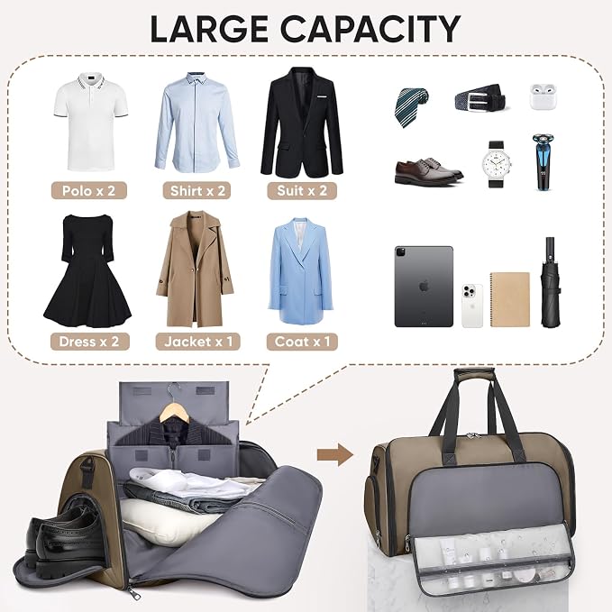 BALEINE Travel Garment Bag, Travel Suit Bag for Men, Water Resistant Carry on Garment Bag for Hanging Clothes, Garment Duffel Bag for Travel Business (Brown-Convertible) - Image 5